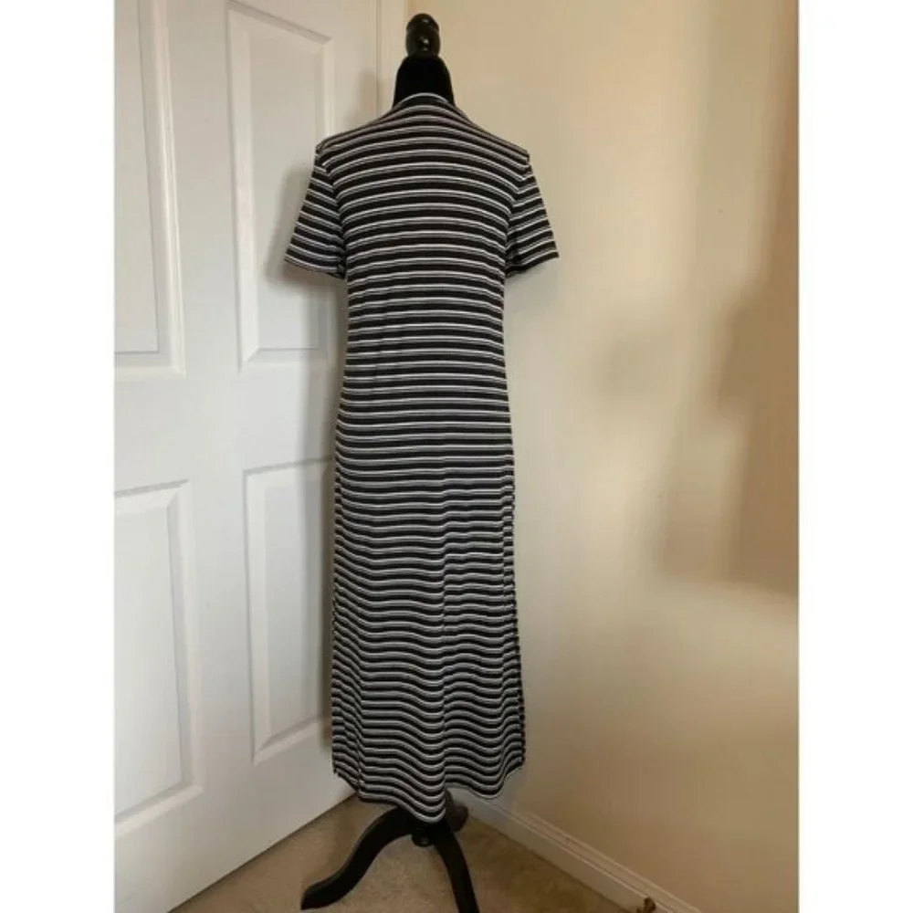 Striped T-Shirt Dress with Slit Black